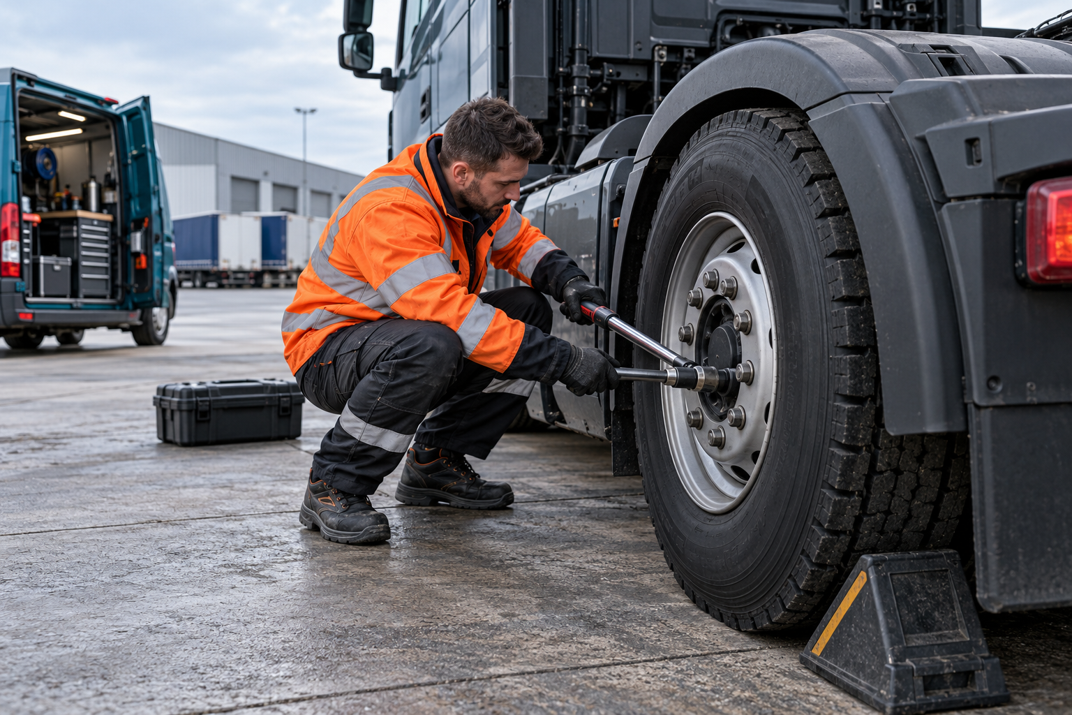 Truck tyre technician checking wheel fixings beside a charcoal HGV and teal service van in a UK depot